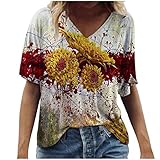 Damen Tshirt Lässig, malerische Blumen, mit Rundhals Ausschnitt, T-Shirt Oberteilen Kurzarm Sommer Oberteile Casual Tshirt Tunika Kurzen Bluse Hemd Tee Top (DX118Red,XXL)