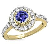 Damen Ring 14 Karat Gelbgold Rund Echte Tanzanite & Diamant Damen Halo Style Verlobungsring 1