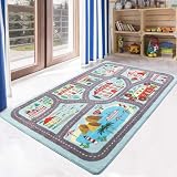 Ultrasoft rutschfest Spielteppich Straße 90 x 150 cm, Waschbar Kinderteppich Blau für Jungen & Mädchen Lernen und Spielen, Große Straßenteppich für Kinderzimmer Schlafzimmer Spielzimmer W