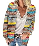 HAHAEMMA Damen Regenbogen Jacke Herbst Strickjacke Cardigan Pullover Langarm Mehrfarbig Gestreifter Pullover Vorne Offene W