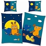 BERONAGE Die Sendung mit der Maus Kinder-Bettwäsche Night Blau 135 x 200 + 80 x 80 100% Baumwolle Renforcé-Linon-Qualität Sterne Ente Elefant Mond Wende-Bettwäsche mit Reißverschluss deutsche Größ