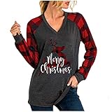 Xmiral Christmas Tops Frauen Langarm V-Ausschnitt Plaid Bedruckte Bluse Beiläufig Slim Fit Damen Weihnachtshemd(g-Rot,M)