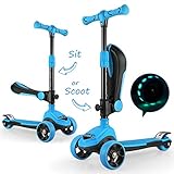 Fascol 2 in 1 Kinder Roller Kinderscooter Kleinkinder Scooter mit Klappbar Sitz und LED Räder Verstellbare Lenker Kinderroller für Kinder ab 1.5-8 Jahre (Blau)