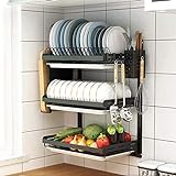 HyiFMY 3-Schicht-Wandmontage-Küchenzahn, schwarzer, rostfreier Edelstahl Küchenteller-Rack-Abflussständer mit Abflussablage 41.2 * 26,6 * 55,5