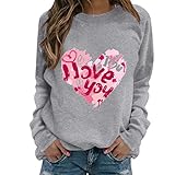LSEEKA Damen rosa Graffiti Love Heart Langarm Tops I Love You Brief Gedruckt Tops Reine Farbe Breite Brust Casual Sweatshirt Mädchen Teenager Bluse T-Shirt als Geschenk für Valentinstag, grau, X-Larg