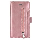 Hpory Kompatibel mit iPhone 6 Plus Hülle, iPhone 6S Plus Handyhülle Retro Muster PU Leder mit Reißverschluss Handschlaufe Standfunktion Geldbörse Wallet Case Cover Etui Schutzhülle Tasche - Roseg