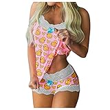 CEFGR Damen Schlafanzüge Kurz Spitzen Pyjamas Zweiteiliger Sleepwear Hausanzug Beiläufig Nachtwäsche Freizeitanzug WeihnachtenTop und Short Zweiteilig Pyjama Set (005#Rosa, L)