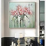 Ölgemälde Auf Leinwand Handgemalt - Abstrakte Rote Weiße Blume Kunst Ölgemälde Für Wohnzimmer Schlafzimmer Küche Korridor Großes Dekor Geschenk Wandkunst Rahmenlose Bilddekoration,70X70Cm Ung