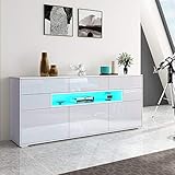 Senvoziii Sideboard Kommode 3 Türen 5 Schubladen mit LED Vitrine Wohnzimmer Hochglanz Buffetschrank Anrichte für Küche Esszimmer Wohnzimmer Weiß