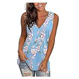 MRULIC Damen Tank Top ÄRmellos V-Ausschnitt Blumen Drucken Gedruckt Tops Casual Side Split Pullover Tops Sommer Casual Blusen Tuniken Weste Camis Frauen Basic Top(A1-Hellblau,2XL)