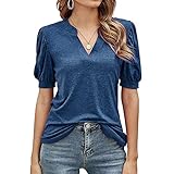 MRULIC Damen Oberteile Kurzarm V-Ausschnitt Einfarbig Lose T-Shirt Top Freizeit Basic Shirts Frauen Pullover Sommer Tops(Blau,S)