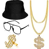 Gejoy Hip Hop Kostüm Kit Eimer Hut Sonnenbrille Gold Kette Ring 80/ 90 Jahre Rapper Zubehö