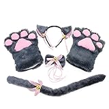 KEESIN Katze Cosplay Set Plüsch Klaue Handschuhe Katze Kätzchen Ohren Schwanz Kragen Pfoten Cute Adorable Party Kostüm Set für Kinder und Erwachsene (Grau)