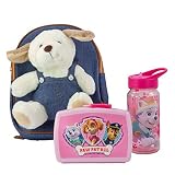 P:os 81447 - Kinderrucksack mit abnehmbarem Plüschtier Hund Danny, Paw Patrol Brotdose und Trinkflasche in pink, ideales Set für den Kindergarten oder bei Familienausflüg