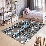 TAPISO Pinky Teppich Kurzflor Kinderteppich Kinderzimmer Grau Blau Schwarz Weiß Pastellfarben Modern Straße Spielteppich ÖKOTEX 120 x 170