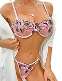 Frauen Stickerei Spitze Dessous Set 2 Stück Bralette Strppy BH und Panty Set Unterwäsche Brial Erotik Dessous Nachtwäsche, rose, Larg
