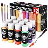 Gifort Metallisch Acrylfarben Set, 12 Metallisch Farben (60 ml) mit 3 Pinseln, Acrylfarben-Gießen für Felsmalereien, Leinwand, Holz, Keramik, Hochpigmentiert und Ungiftig, für Künstler Anfäng