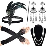 Sinoeem 1920s Kostüm Damen Flapper Accessoires Set 20er Jahre Halloween Kostümzubehör Inklusive Stirnband Halskette Handschuhe Ohrringe Zigarettenhalter Set (Set-3)