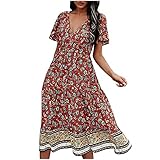 Frauen Kleider Sommer Casual Mode Damen V-Ausschnitt Casual Kleine Blumen Gedruckt Gürtel Mittellang Stil Kurzarm Lose Strandk