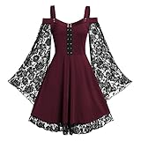 Kobay Damen Winter Langarm Rock Lässig Mode Kleider Bequem Flare Sleeve Cross Corn Cold Shoulder Lace Up Insert Sling Dress(Wein, 5XL)