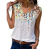 QiKun-Home Damen V-Ausschnitt Lässiges Blusenhemd mit Blumendruck Loses ärmelloses Oberteil Weiches und dünnes Atmungsaktives T-Shirt weiß S