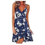 BINBAYE Damen Sommerkleid Knielang Sommer Boho Freizeitkleid Ärmellos Wickeln V-Ausschnitt A-Linie Schwingen Kleid High Waist Träger Freizeitkleid Sexy Vestkleid Strandk