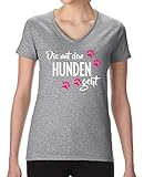 Comedy Shirts - Die mit den Hunden geht - Damen V-Neck T-Shirt - Graumeliert/Weiss-Pink Gr. L