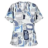 Graceyo Damen Kurzarm V-Neck Arbeitsuniform Pflege Kasack Weihnachten Bunt Motiv Krankenhaus Schlupfhemd Bluse Nurse Schlupfkasack Atmungsaktiv Arzt Uniform Berufsbekleidung Krankenschwester Kleidung