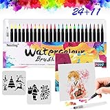 Aquarellstifte, 24 Stifte zum Ausmalen + 1 Wasserpinsel + 2 Schablonen + 8 Stück Papier zum Zeichnen von Farben, Filzstifte, Pinselspitze aus flexiblem Nylon, für Manga, Bullet Journal, Zeichnung