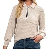 Damen Pullover V-Ausschnitt Waffel Freizeit Langarmshirt Oberteile mit Reißverschluss und Brusttaschen Herbst Langarm Hemdkragen Shirt Sweatshirt für Female L