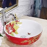 ALYHYB Blumenform Counterop Art Wash Keramikwaschbecken, Runde Pfingstrose Rot Kreatives Keramikwaschbecken, Badezimmer-Waschbecken mit Blumen-Design, Nur 1 Waschbeck