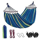 Anyingkai Hängematte Outdoor Baumwolle, Doppelhängematte mit Holzstäben und Tragetasche, 260x150CM Belastbarkeit bis 300KG, Stabhängematte für Garten, Camping, Hinterhof, Strand, Indoor (Blau)