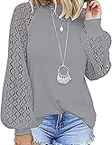 TINGRISE Langarmshirts für Damen Pullunder Spitze Blusen Rundhals Patchwork Loose Shirts Top Einfarbig Langarmshirt （Grau，M）