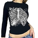 L&ieserram Damen T-Shirt Sexy Bauchfrei Kurzarm Sommer Oberteile Rundhals Gothic Harajuku Grunge Grafik Print Crop Top Vintage 90er Y2K E-Girl Teenager Mädchen Punk Streetwear (Schwarz Langarm, S)