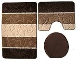 Ilkadim Orion Badgarnitur 3 TLG. Set 50x80 cm Mehrfarbig gestreift, WC Vorleger mit Ausschnitt für Stand-WC (Dunkelbraun braun Creme)