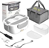 Elektrische Lunchbox [Aktualisiert] 220V 24V 12V 3 in 1 Bento Box Brotdose mit Fächern 40W 1,5L Entnehmbare Brotdose Edelstahl mit Lunchtasche Gabel Tischmesser für Auto und Büro (Grau)