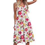 XIAOYUER Sommerkleid Damen Frauen Gelegenheitskleid reizvolle V-Ausschnitt Spaghetti Strap-Kleid mit Blumen Bedruckt Ärmellose Sonntag Sommerkleid Gold Kleid (Pink, XL)