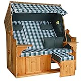 LILIMO - Ostsee Strandkorb BGN XXL | 2-3 Sitzer | Bausatz | Geflecht: Nature, Bezug: Grün/Weiß Kariert | inkl. Schutzhülle | Model GNB