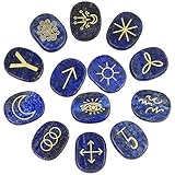 mookaitedecor Lapislazuli Hexen Runen 13er Set Heilkristall Stein mit eingraviertem -Symbol zur Meditation Wahrsagung