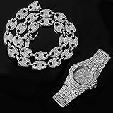 JOMYO Ice Out Kette, Cuban Link Chain, HIP HOP Kaffee Iced Out Legierung Bean Schwein Nase Strass Halskette, Kette Bling Halsketten, Für Männer Schmuck (Color : Silver Set 1, Size : 60cm)