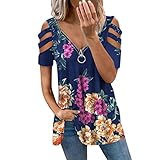 Alliwa-Frauen Oberteile Damen Elegant Sexy Schulterfrei V-Ausschnitt Reißverschluss Tunika Tops Mit Blumendrucken Sommer T-Shirts Oberteil Basic S