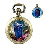 Doctor Who Taschenuhr mit Bronze-Gehäuse Quarz Full Hunter weißes Zifferblatt und Kette für Herren im Retro-Stil von Dr. Who, Halskette mit Anhänger, Geschenkbox, B,