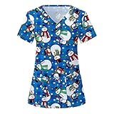 WENHZOU Damen Arbeitskleidung Uniformen V-Ausschnitt Weihnachten Schneemann Drucken Schlupfhemd Kasack Kurzarm T-Shirts Tops Arbeitsuniform Schlupfkasack Damen Übergröße Kasack Pflege mit T