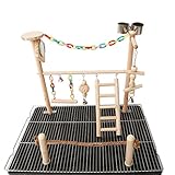 UNWSTYU Papageienspielplatz aus Kiefernholz, Vogelkäfig, Spielstall, Spielstall, Leiter mit Futterstation, Vogelspielzeug, Schaukel-Spielzeug