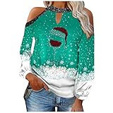 PWKNRD Damen Weihnachten Langarmshirt Sexy Schulterfreies Pullover Schneeflocke Rotweinglas Druck Sweatshirt Herbst Winter Bequemes Oberteil Elegant Stretch Jumper Bluse Top