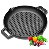 Velaze Gusseisenpfanne 38.5x31 cm, Grillpfanne Gusseisen, Eingebrannte Bratpfanne mit Rillen Boden, Steakpfanne mit 2 Henkeln, Feuerpfanne für Gasgrill, Kohlegrill - BBQ Camping und G