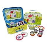 Wobbly Jelly Wackelkäfer Teeservice aus Metall mit Koffer für Kinder (14 Stck. Spielgeschirr) Grün, Blau, Gelb, R