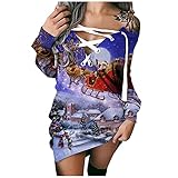 Weihnachtskleid Damen Weihnachtspullover Langarm Sweatshirt Weihnachten Minikleid Sexy V-Ausschnitt Pullover mit Kordelzug Xmas Thems Langarmshirt Fashion Langarmshirt Blusenk