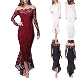 HHWY Partykleid Damen Elegant Für Hochzeit Lang Abendkleid Frauen Einfarbig Langarm Schulterfrei Slim Fit Spitzenkleid Damen Tunika Kleid Boho Hochzeitskleid Weiß Prinzessin Figurb