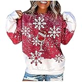 Hirolan Weihnachten Christmas Sweater Pullover Pulli Damen Weihnachtspullover Xmas Smiling Elk Print Bambi Rudolph Rentier Rote Puschelnase Lustig Winter Strickpulli Langarm R